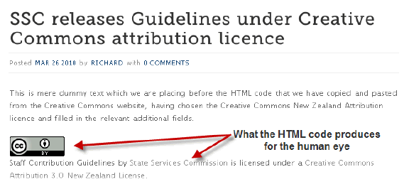 Screenshot of webpage showing Creative Commons-produced HTML